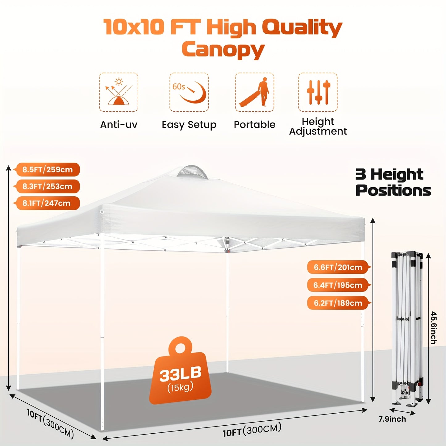 3.05x3.05meter Pop-up Tent, Party Canopy, Folding Gazebo, with 4 Detachable Side Walls, Portable Bag, Sandbag And Ground Stake, Height Adjustable, Easy to Install, Suitable for Weddings, Camping, Gardens, Market Stalls, Outdo