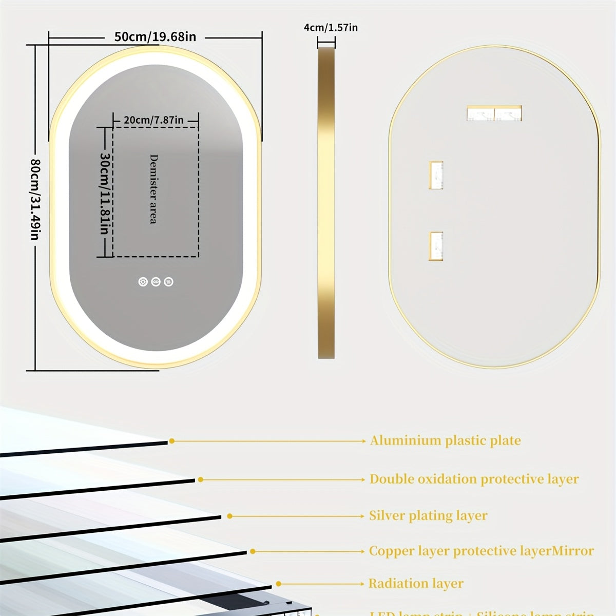 Ovaal LED Badkamerspiegel – Spiegel – Make-up Spiegel – Wandspiegel – Antibeschlag Spiegel – 50x80 cm – Gouden Aluminium Frame – Antibeschlagfunctie met Dimbare LED-verlichting