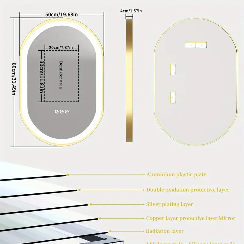 Ovaal LED Badkamerspiegel – Spiegel – Make-up Spiegel – Wandspiegel – Antibeschlag Spiegel – 50x80 cm – Gouden Aluminium Frame – Antibeschlagfunctie met Dimbare LED-verlichting