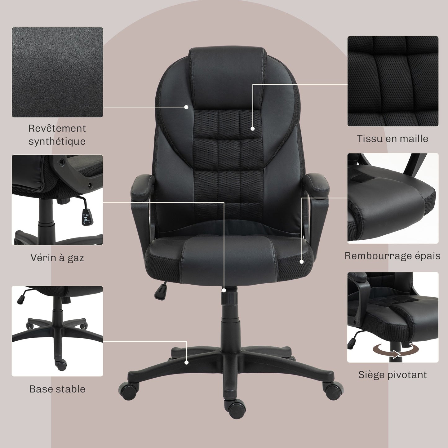 HOMCOM Ergonomic Office Chair, Office Armchair, Ergonomic Computer Chair, with Adjustable Height, Reclining Function and 360° Swivel Seat, 65l x 69P x 110-120H cm, black