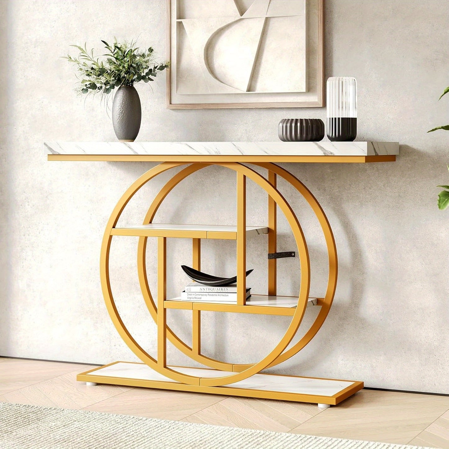 Moderne Sidetable – Console Tafel – Halmeubel – Sofa Tafel – Opbergmeubel – Wit en Gouden Afwerking – 4 Lagen – Stevige Houten Constructie