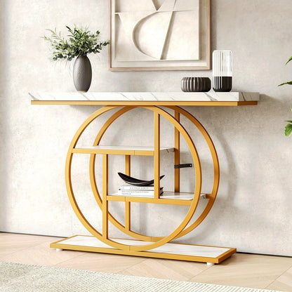 Moderne Sidetable – Console Tafel – Halmeubel – Sofa Tafel – Opbergmeubel – Wit en Gouden Afwerking – 4 Lagen – Stevige Houten Constructie