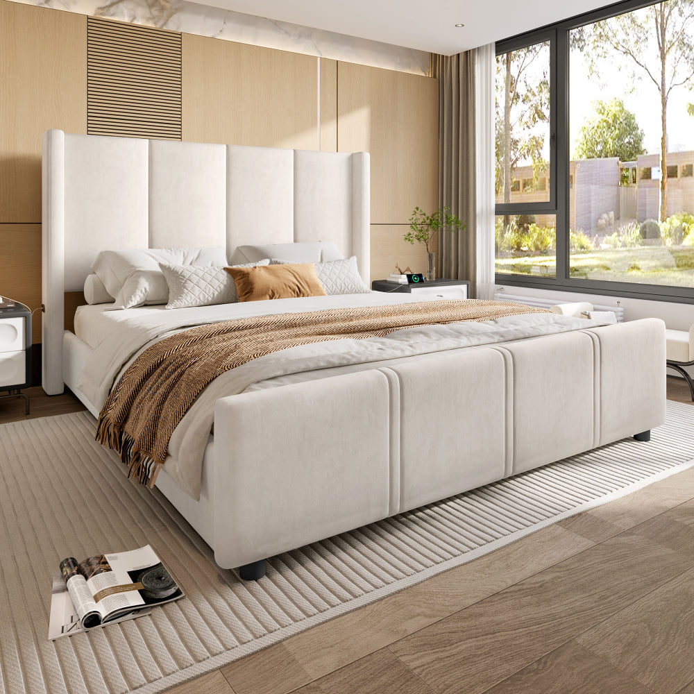 Boxspringbed – Bedframe – Slaapbed – Stofbed – Gestoffeerd Bed – Donkergrijs – 140x190 cm – Hoog Hoofdbord – Stevig IJzerhout Frame