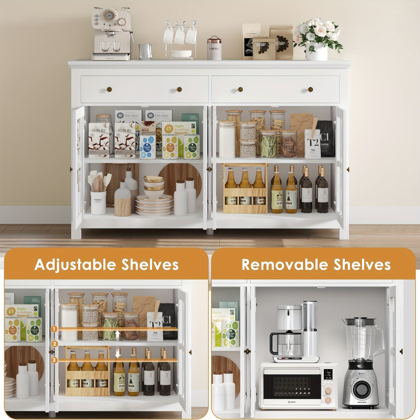 Keukenkast – Opbergkast – Sideboard – Buffetkast – Dressoir – Wit Houten Meubel – 3 Lades & 2 Deuren – Verstelbare Planken – Massief Hout