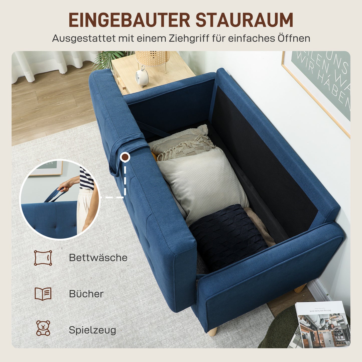2-Zits Bank – Tweezitsbank – Loveseat – Zithoekbank – Bankje – Compact Blauw – Opbergruimte Onder Zitting – Stevig Rubberwood Frame