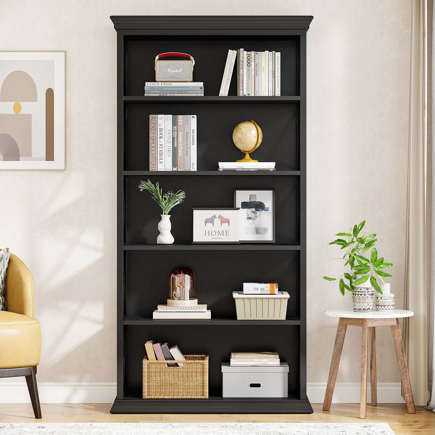 Boekenkast – Boekenplank – Vakkenkast – Opbergkast – Stellingkast – Zwart – 5 Laags – Massief Hout Met Metaal – Open Achterkant – Stevig & Compact