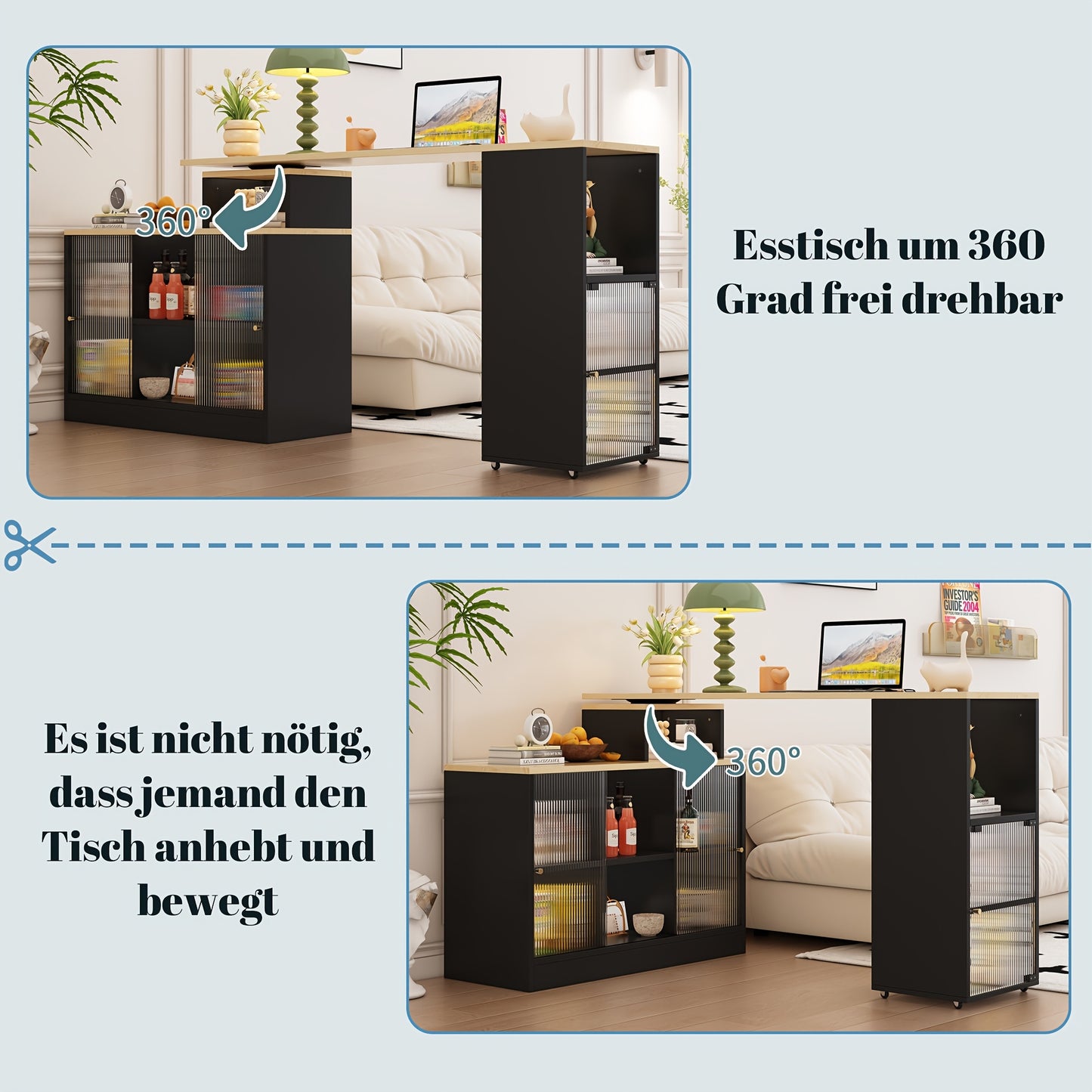Uitschuifbare Bartafel – Bistrotafel – Hoge Tafel – Bijzettafel – Multifunctionele Tafel – Zwart Rattan Glas – 360° Draaibaar Zonder Tillen – Met Opbergruimte