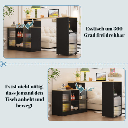 Uitschuifbare Bartafel – Bistrotafel – Hoge Tafel – Bijzettafel – Multifunctionele Tafel – Zwart Rattan Glas – 360° Draaibaar Zonder Tillen – Met Opbergruimte