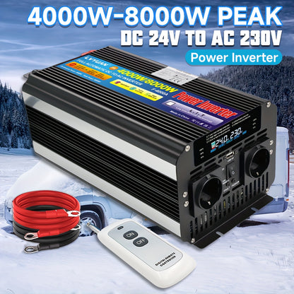 Stroomomvormer – Spanningsomvormer – Omvormer – Inverter – Converter – 24V naar 220V – 4000W Continu Vermogen – LCD Display en Draadloze Afstandsbediening