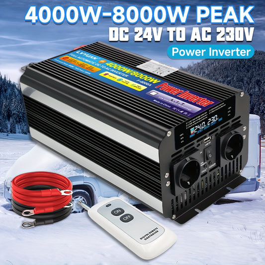 Stroomomvormer – Spanningsomvormer – Omvormer – Inverter – Converter – 24V naar 220V – 4000W Continu Vermogen – LCD Display en Draadloze Afstandsbediening