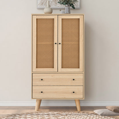 Kast – Dressoir – Opbergkast – Sideboard – Buffetkast – Eikenkleurig Spaanplaat Met Massief Dennenhouten Poot – 2 Deuren En 2 Lades – 60x40x120 cm