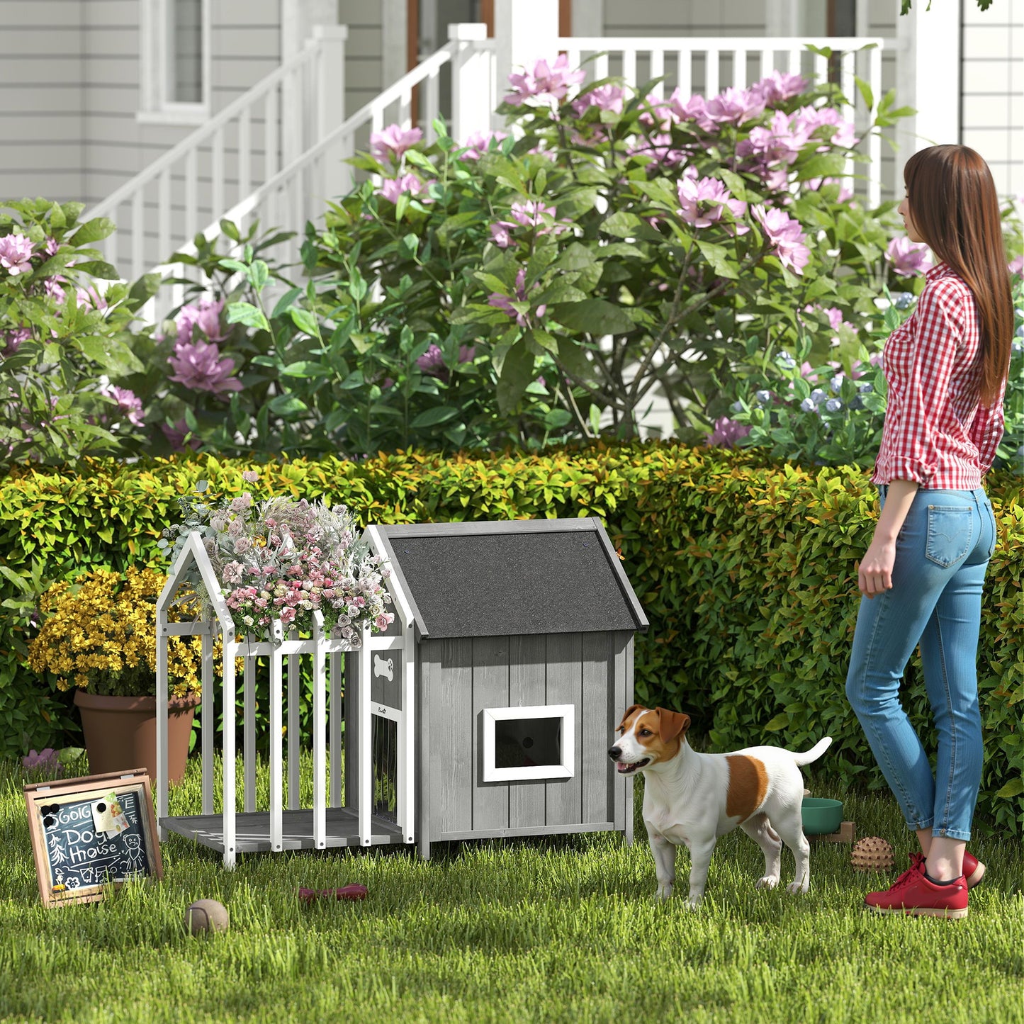 PawHut Outdoor Wooden Dog House with Terrace and Fence, Slatted Door, and Pointed Bitumen Roof, for Garden, Yard, Veranda, Patio, 106 x 62.5 x 80.5 cm, Gray