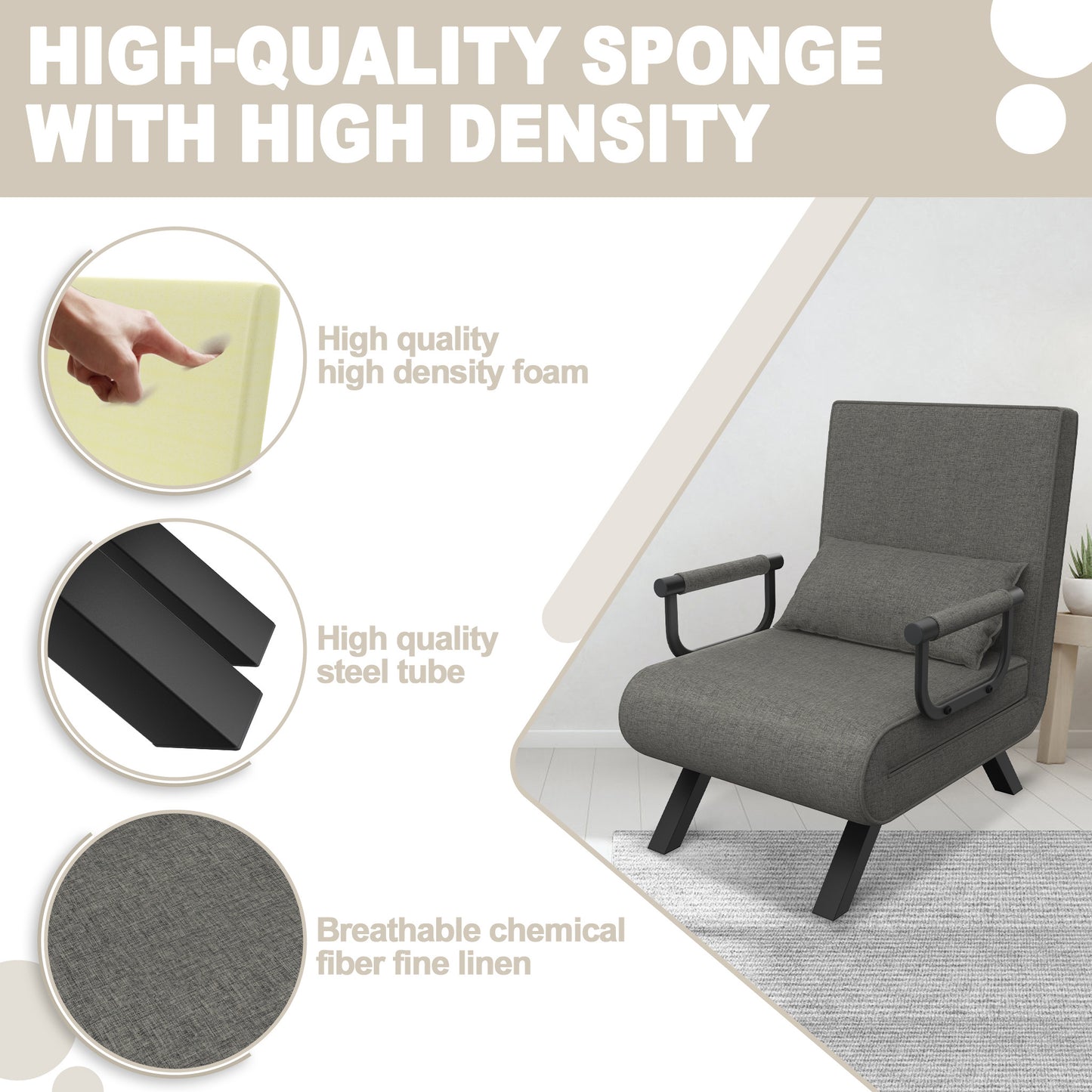 Slaapbank – Sofa – Bedbank – Fauteuil – Logeerbed – 3-in-1 Multifunctioneel – Verstelbare Rugleuning – Max. 200 kg – Donkergrijs/Lichtgrijs