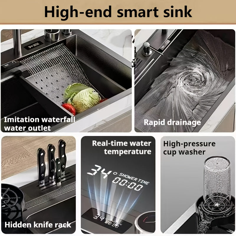 Digitale Keukenkraan – Keukenmengkraan – Waterval Kraan – Pull-Down Kraan – Uittrekbare Kraan – Grote Afmetingen 75x45 cm – Roestvrij Staal & Vacuüm Afvoersysteem