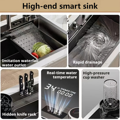 Digitale Keukenkraan – Keukenmengkraan – Waterval Kraan – Pull-Down Kraan – Uittrekbare Kraan – Grote Afmetingen 75x45 cm – Roestvrij Staal & Vacuüm Afvoersysteem