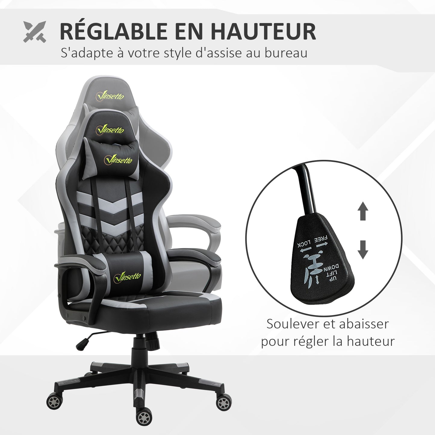 Gamingstoel – Bureaustoel – Gamestoel – Werkstoel – Kantoorstoel – Ergonomisch Design – Verstelbare Hoogte – Afneembare Hoofdkussen – Lendensteun – Zwart-Grijs