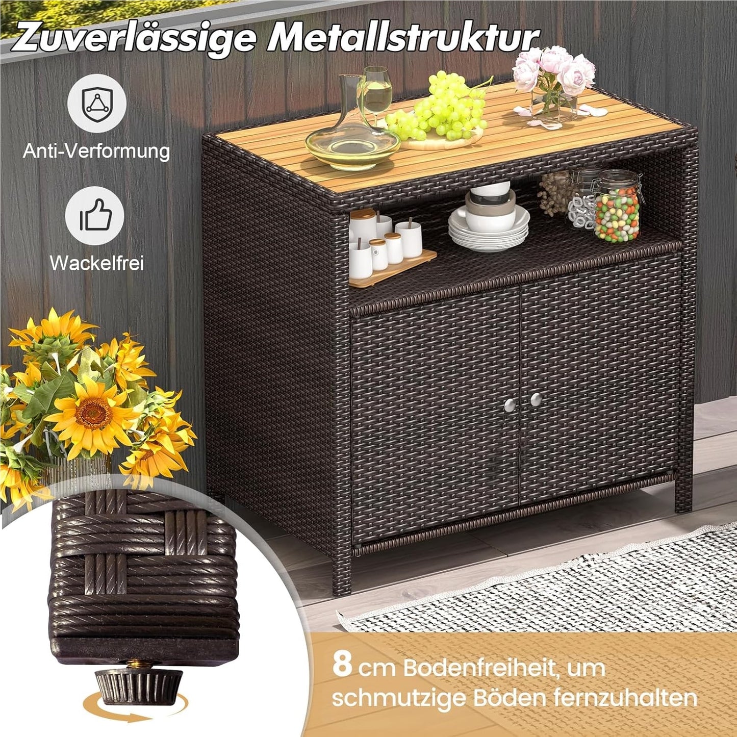 Tuinkast Rattan Opbergkast Bergkast Buitenopberger Terraskast – Bruin – Acaciahouten Werkblad – Verstelbare Voetjes – 90x53x86 cm