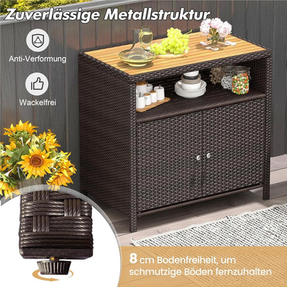 Tuinkast Rattan Opbergkast Bergkast Buitenopberger Terraskast – Bruin – Acaciahouten Werkblad – Verstelbare Voetjes – 90x53x86 cm