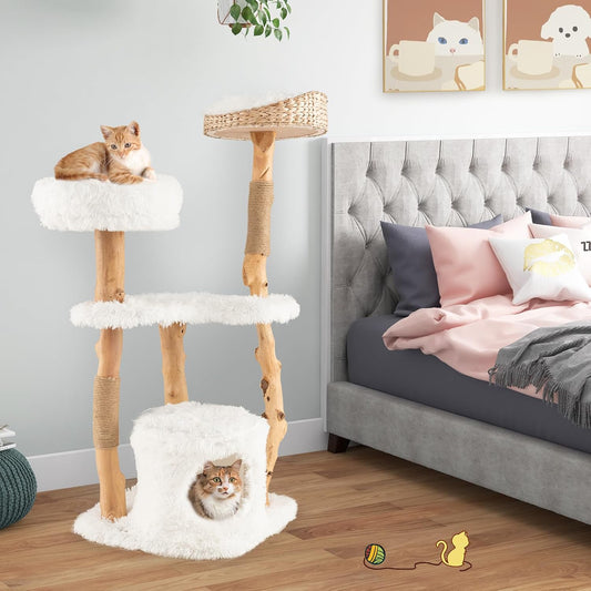 Krabpaal Kat – Krabpaal Met Hol, Krabboom, Kattenpaal, Klimmeubel – 124 cm Hout Wit – Jute Kraboppervlak & Zachte Pluche Zitplaatsen