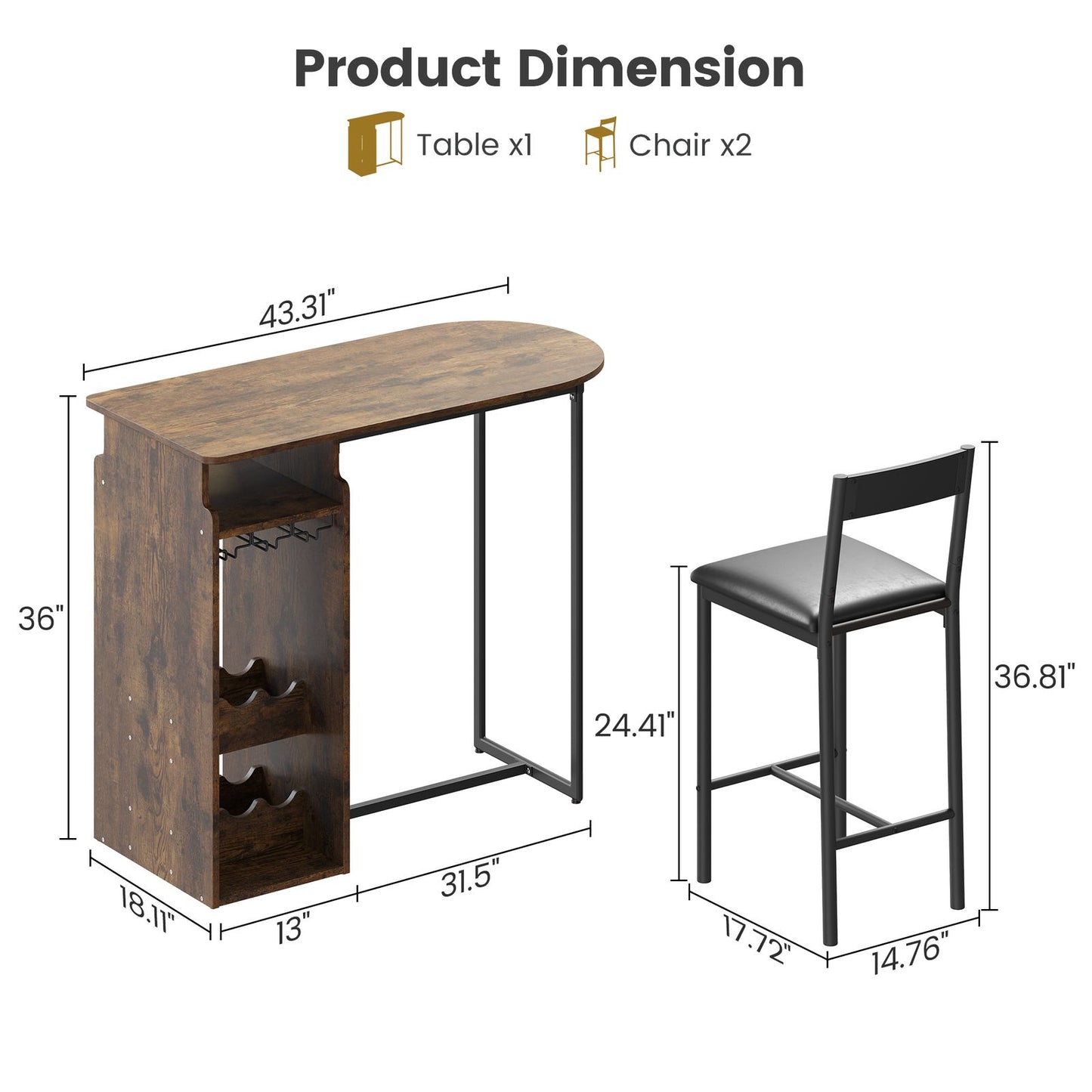 Barset voor Twee – Barkrukken Set – Bartafel Compact – Wijnrek Tafel – Glazenhouder – Bruin – Ruimtebesparend Design – Massief Hout en Metaal