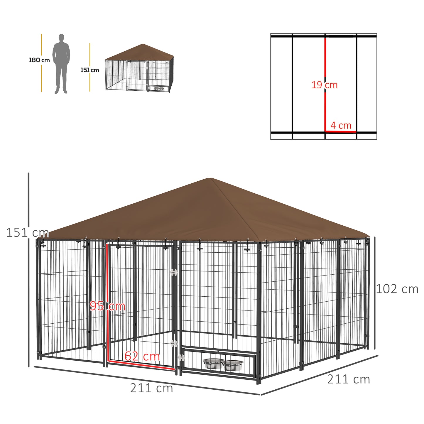 Buitenkennel Honden – Hondenren – Hondenhok – Hondenkooi – Buitenverblijf – Robuust Roestvrij Staal – Waterdicht Oxford Dak – Café Kleur – 211x211x151 cm – Veilig en Ruim