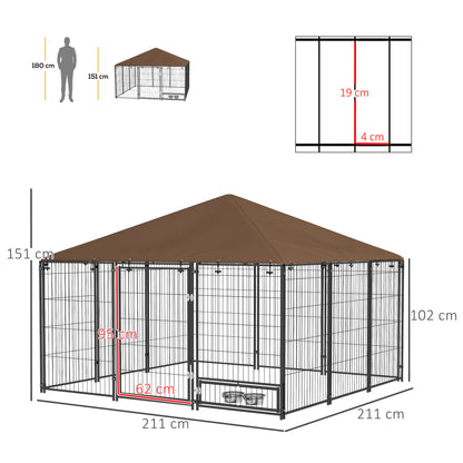 Buitenkennel Honden – Hondenren – Hondenhok – Hondenkooi – Buitenverblijf – Robuust Roestvrij Staal – Waterdicht Oxford Dak – Café Kleur – 211x211x151 cm – Veilig en Ruim