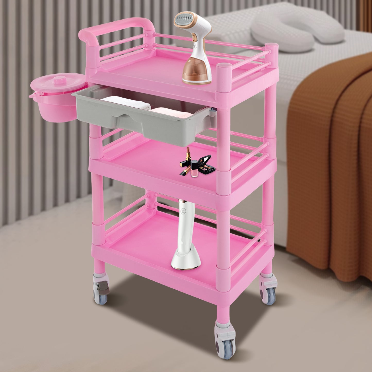 Beauty Trolley – Make-up Koffer – Schminkkoffer – Cosmetica Koffer – Opbergtrolley Roze – 3 Laags Met Lade – Mobiele Opbergruimte – 100 Kg Draagvermogen