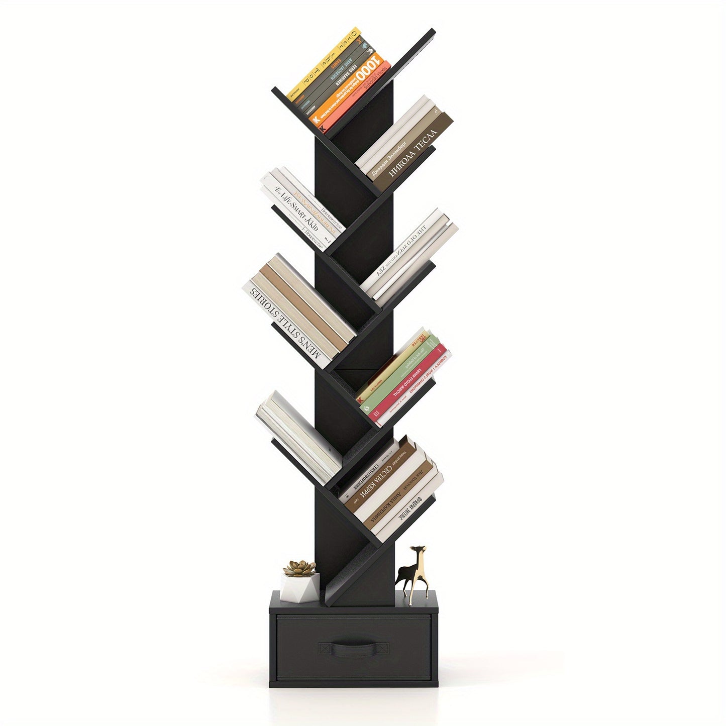 Boomboekenkast – Boekrek – Opbergkast – Boekenplank – Kast Met Lade – Zwart Resin – 8 Planken – Ruimtebesparend Design