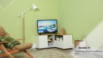 Hoek TV Meubel – Tv-standaard – Tv Cabinet – Tv Bankje – Media Meubel – Licht Hout en Wit – Geschikt Voor Tv’s Tot 40 Inch – Met Opbergruimte