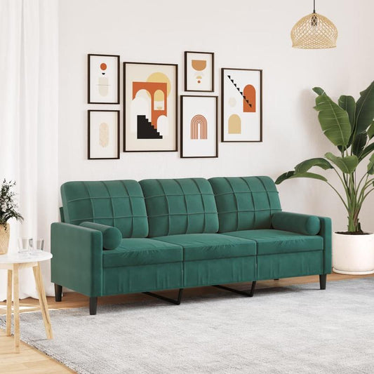 3-zits bank – sofa – zitbank – meubel – loungesofa – donker groen fluweel – 180 cm breed – hardhouten frame – brandwerend – decoratieve kussens – comfortabel