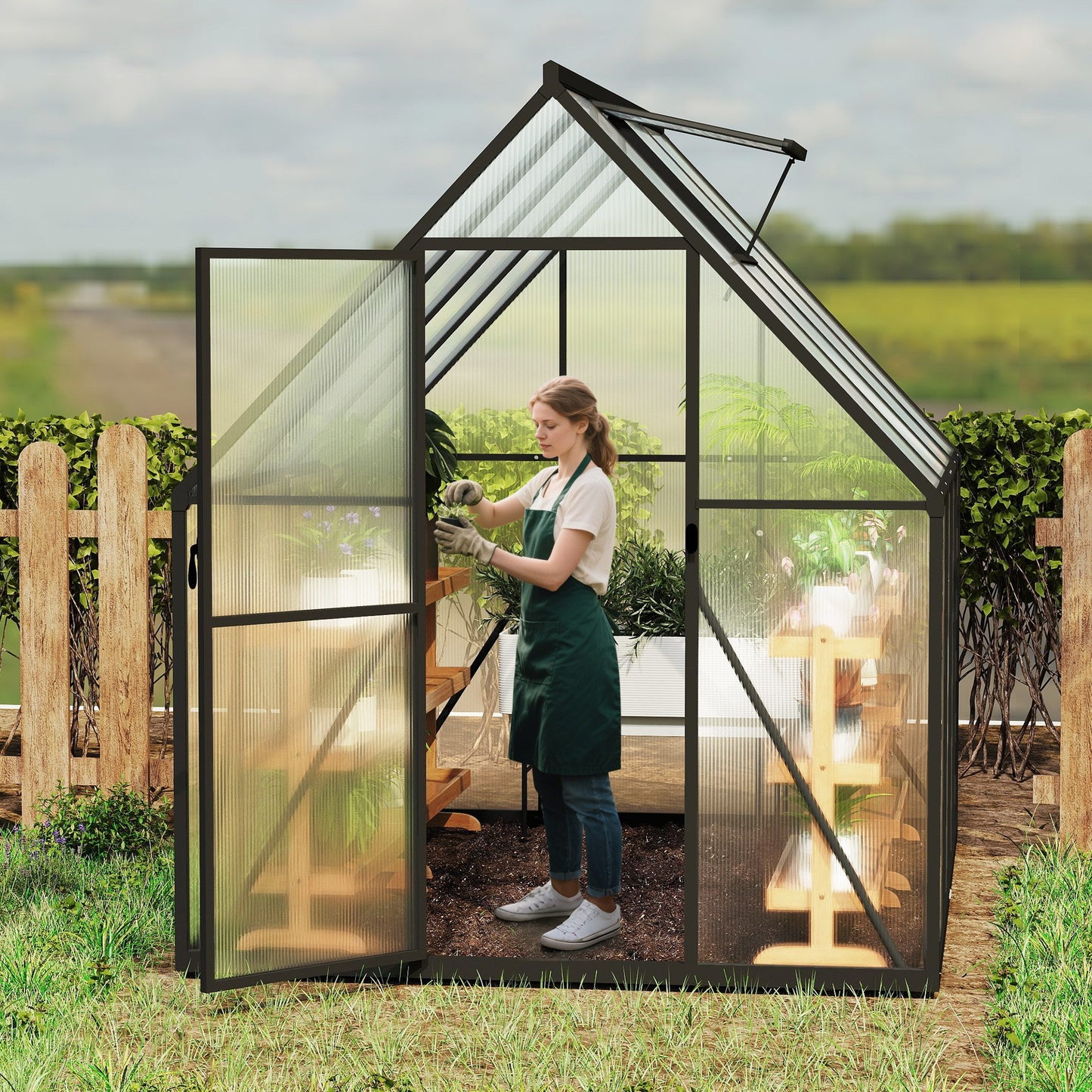 Aluminium Kas – Serre – Kweekkas – Tuinkas – Groentekas – 6x8 ft (230x180x195 cm) – 4 mm Polycarbonaat Panelen – Weerbestendig Met Verstelbaar Ventilatieraam