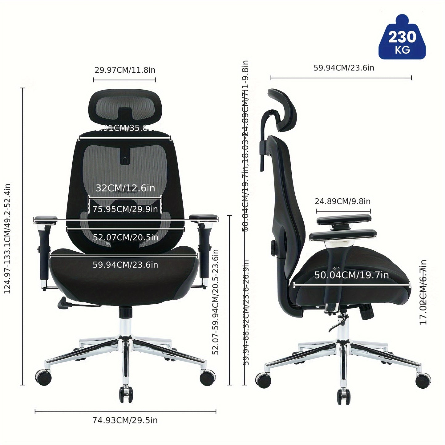 Ergonomische Bureaustoel – Kantoorstoel – Bureaustoel Voor Lange Mensen – Werkstoel – Draaistoel – 4D Verstelbare Armleuningen – Ademend Mesh Rugleuning – Lendensteun & Hoofdbestand – Kantelbaar 120° – Verstelbare Hoogte – Zwarte Metalen Basis