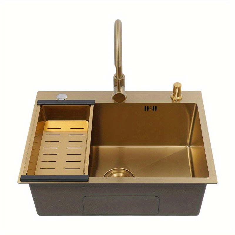 Keukenspoelbak – Spoelbak – Inbouwspoelbak – RVS Spoelbak – Goudkleurige Spoelbak – 60x45 cm – Roestvrij Staal Met Accessoires