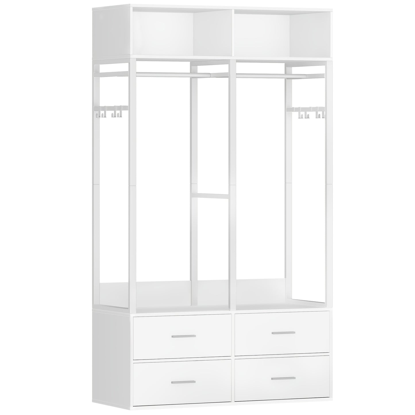 Kledingkast – Open Kledingkast – Garderobekast – Opbergkast – Kleerkast – MDF en Metaal – 4 Lades en 8 Haken – 185x100x43 cm – Wit