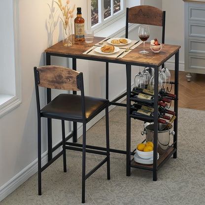 3pcs Industrial Modern Farmhouse Bar Table Set with 2 Bar Stools - Heavy-Duty Metal & Wood Kitchen/Dining Table with Wine Rack, Glass Holder & Storage Shelf, Space-Saving Design for Small Spaces, Rustic Brown/ Finish, Ideal f