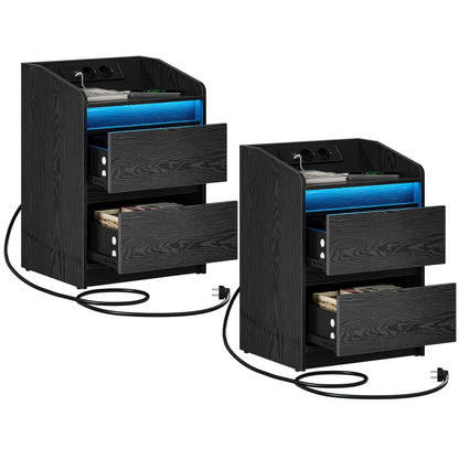 Nachtkastje – Bijzettafel – Opbergkastje – Nachtkast – Nachtkastjes – Set Van 2 Met LED-verlichting – Oplaadstation Met USB En Stopcontact – Zwart – 35x40x58 cm – Spaanplaat