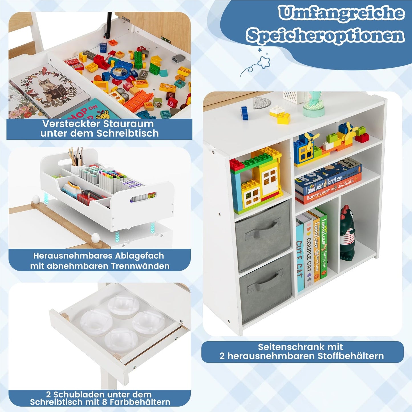 Kindertafel – Kinderbureau – Knutseltafel – Speeltafel – Stoelenset – 3-in-1 Schildertafel met Opbergruimte – Hoogwaardig Berkenhout – Veilig Afgeronde Hoeken – Nature