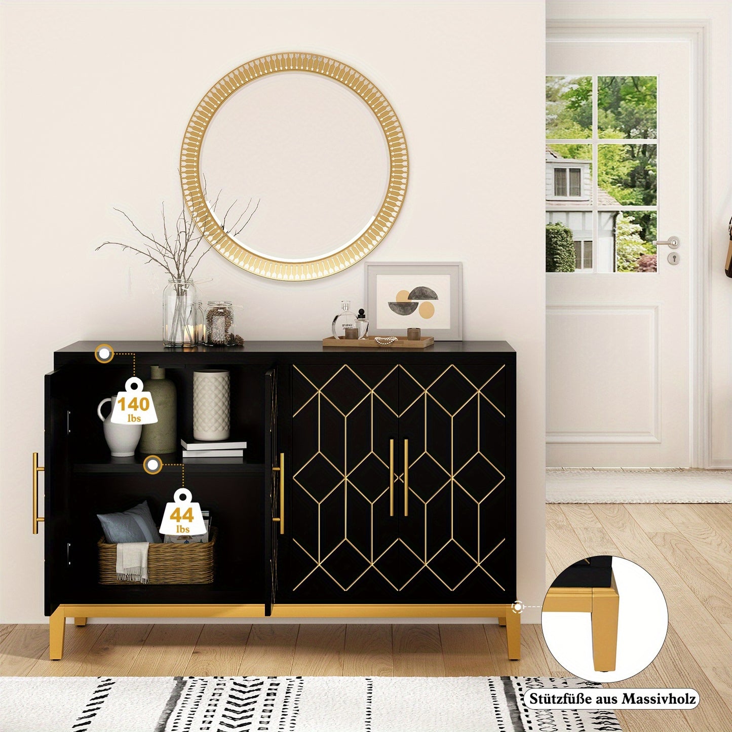 Kast – Opbergkast – Dressoir – Garderobekast – Vrijstaand – Verstelbare Planken – Zwart Met Gouden Accenten