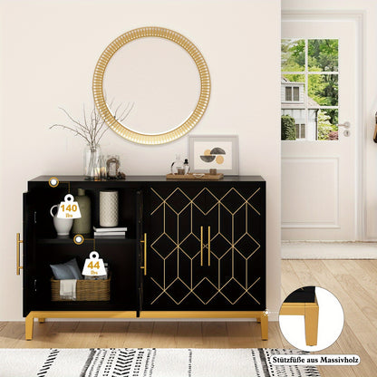 Kast – Opbergkast – Dressoir – Garderobekast – Vrijstaand – Verstelbare Planken – Zwart Met Gouden Accenten