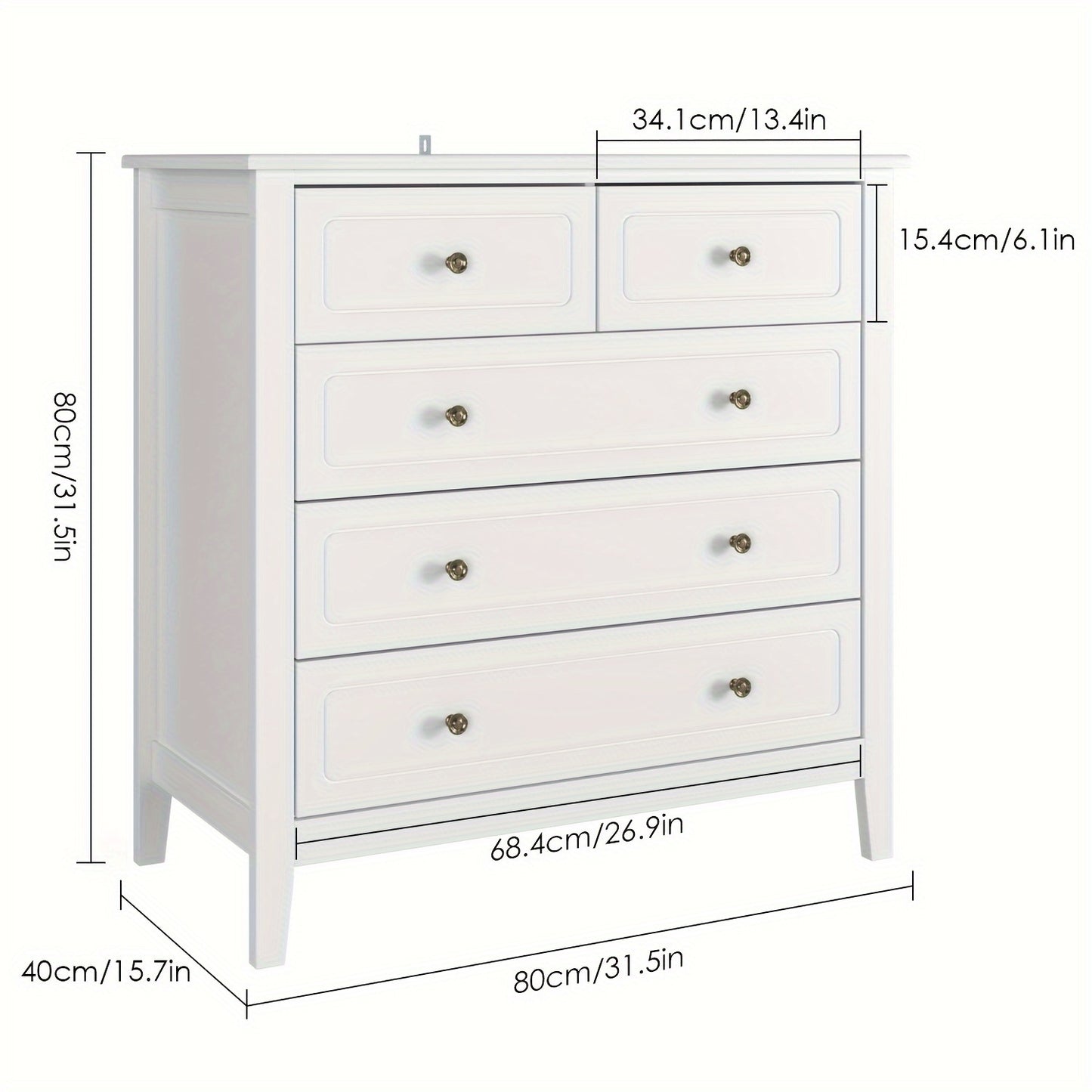 Ladekast – Ladeblok – Dressoir – Opbergkast – Ladekast Wit – 5 Ruime Laden – Gouden Handgrepen – Hoogwaardig Hout – Makkelijk Onderhoud
