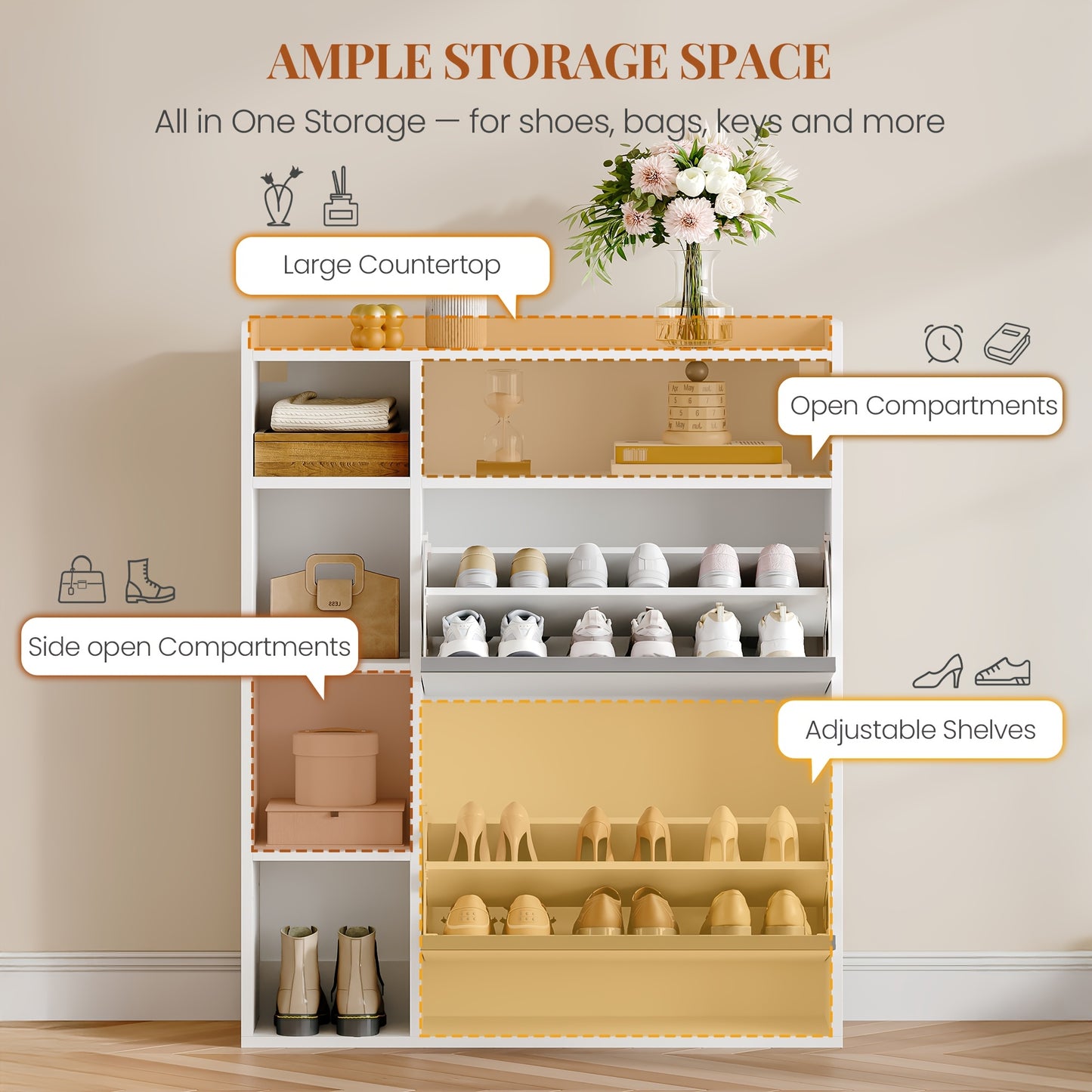 Narrow Shoe Cabinet with 2 Doors, Narrow Shoe Chest with 5 Open Compartments, Adjustable, Shoe Rack for 8-12 Pairs Of Shoes, for Hallways, Entrances, 84.7 X 24 X 102cm, White - QUORE