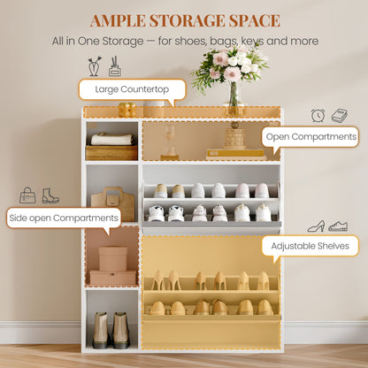 Narrow Shoe Cabinet with 2 Doors, Narrow Shoe Chest with 5 Open Compartments, Adjustable, Shoe Rack for 8-12 Pairs Of Shoes, for Hallways, Entrances, 84.7 X 24 X 102cm, White - QUORE