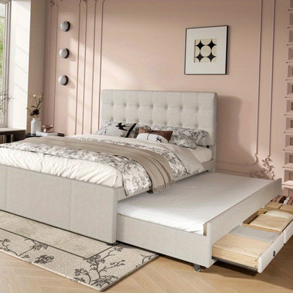 Gestoffeerd Tweepersoonsbed – Double Bed – Familiebed – Huwelijksbed – Opbergbed – 140x200 cm – Verstelbaar Hoofdbord – Beige Bekleding