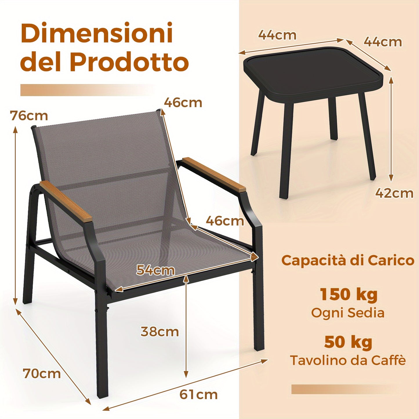 3-delig Tuinset – Tuinstoel – Balkonmeubel – Terrasstoel – Bijzettafel – Metalen Frame – Ademend Snel Droog Stof – Hout-Kunststof Armleuningen