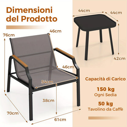 3-delig Tuinset – Tuinstoel – Balkonmeubel – Terrasstoel – Bijzettafel – Metalen Frame – Ademend Snel Droog Stof – Hout-Kunststof Armleuningen