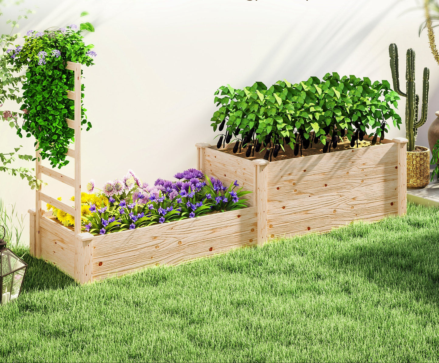 Tuinbak – Plantenbak – Bloembak – Plantenbak Hout – Verhoogde Plantenbak – Natuurlijk Hout – Met Trellis – 222 x 63 x 132 cm – Open Bodem voor Optimale Drainage