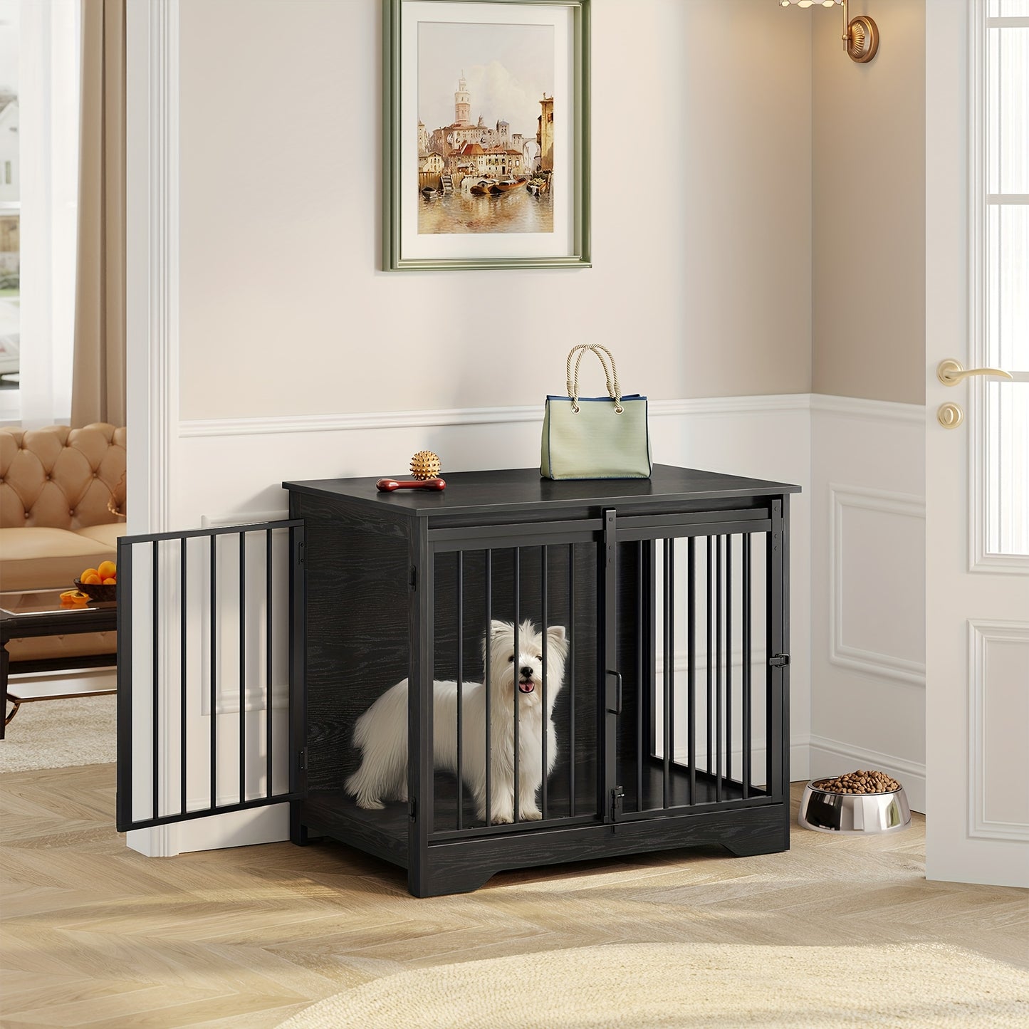 Houten Hondenbench – Hondenkooi – Hondenhok – Huisdier Bench – Hondenren – Lichtgrijs – 2 Deurs Schuifdeur – Geschikt Voor Kleine En Middelgrote Honden