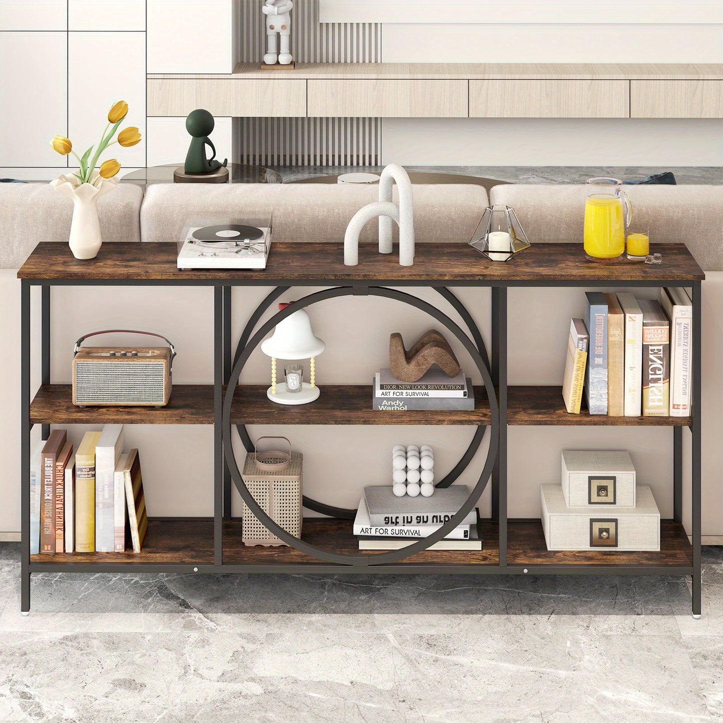 Mid-Century Halbank – Sofa Tafel – Console Tafel – Opbergtafel – Halmeubel – Stevig Metalen Frame – 3 Opbergniveaus – Extra Lang Faux Hout – Rustiek Bruin
