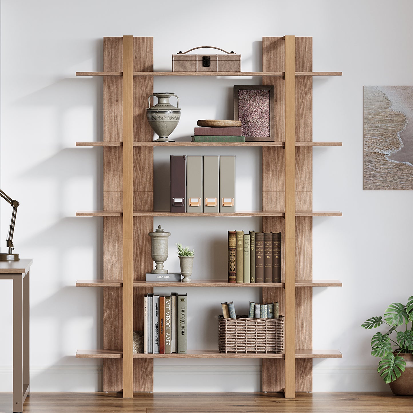 Boekenkast – Boekenplank – Opbergkast – Vakkenkast – Roomdivider – Retro Bruin – 5 Laags – MDF Metalen Frame – Stevig & Ruim