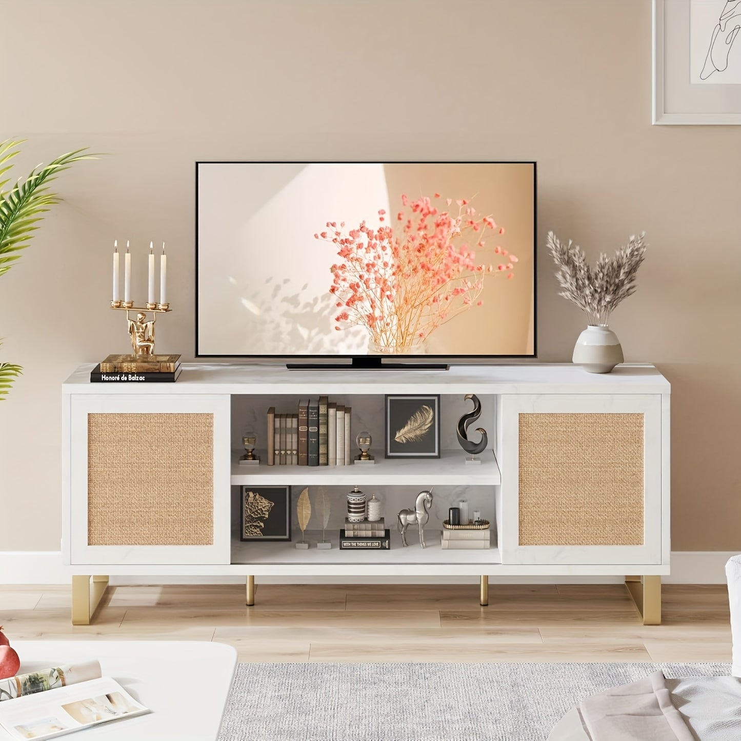 TV-meubel – Tv Kast – Mediameubel – Tv Meubel – Tv Dressoir – Wit Rattan Accent – Geschikt Voor 65 Inch TV – Verstelbare Planken – Duurzame MDF Constructie